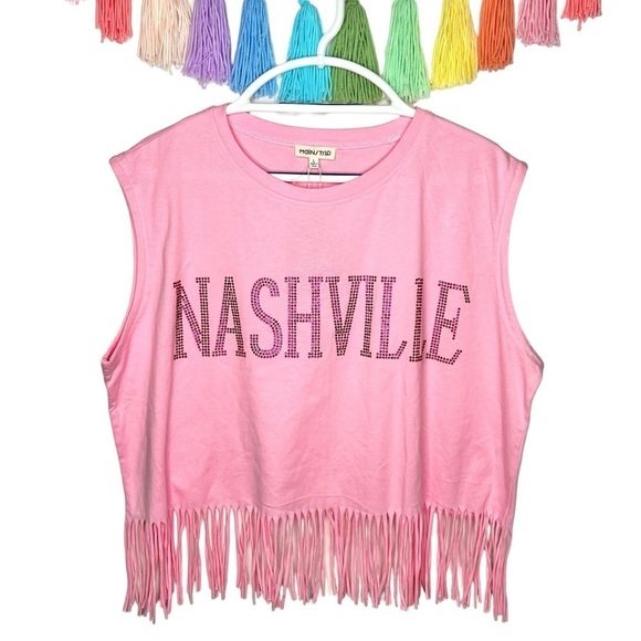 Main Strip Pink Fringe Rhinestone Nashville Crop Top Muscle Tank Top Size Large - Picture 1 of 12